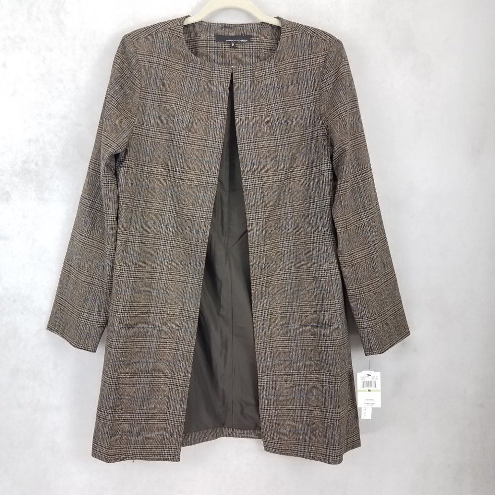 NWT Amanda & Chelsea Open Blazer Jacket Plaid Ponti Topper Brown/Blue Women M